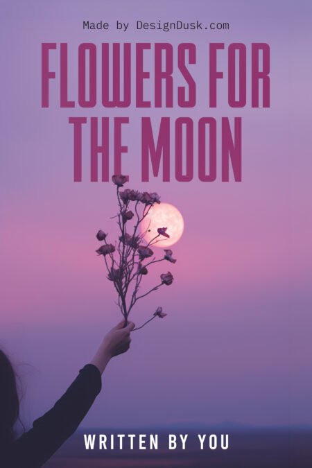 A silhouetted hand raises a slender bouquet of flowers toward a pale moon in a purple twilight sky.