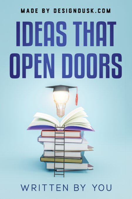 A glowing light bulb wearing a graduation cap rises from an open book stacked above several textbooks.