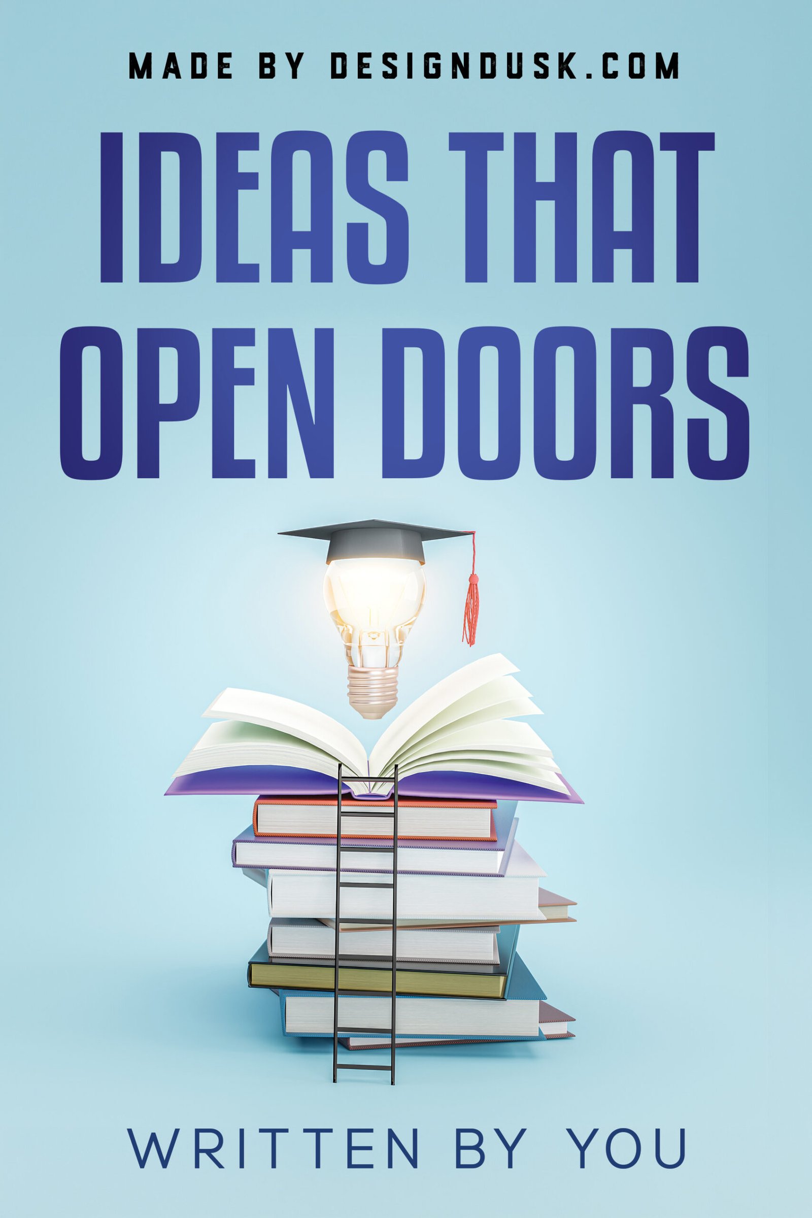 A glowing light bulb wearing a graduation cap rises from an open book stacked above several textbooks.