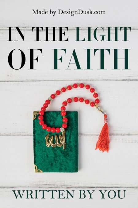 Red prayer beads rest on a small green holy book against a softly lit white wooden background.
