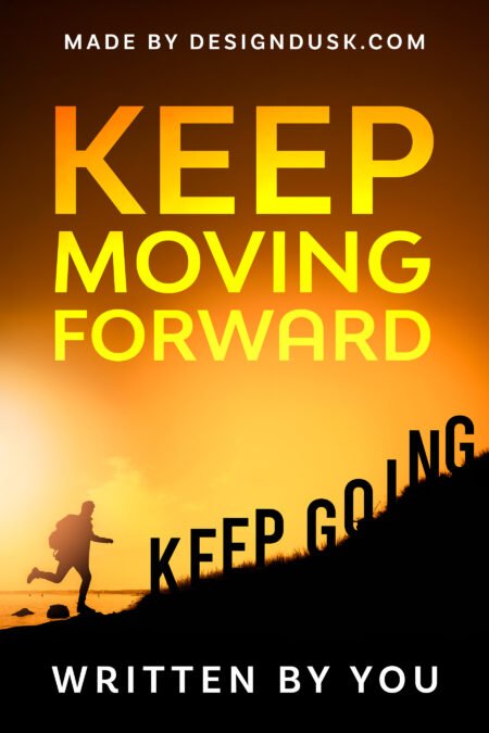 A lone runner climbs a dark hill beneath a glowing orange sky and bold motivational typography.