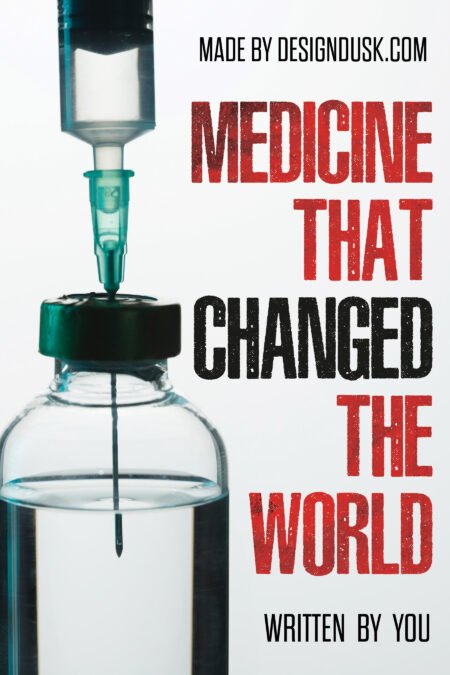 A syringe descends from an IV bag into a glass medicine vial beside bold red and black typography.
