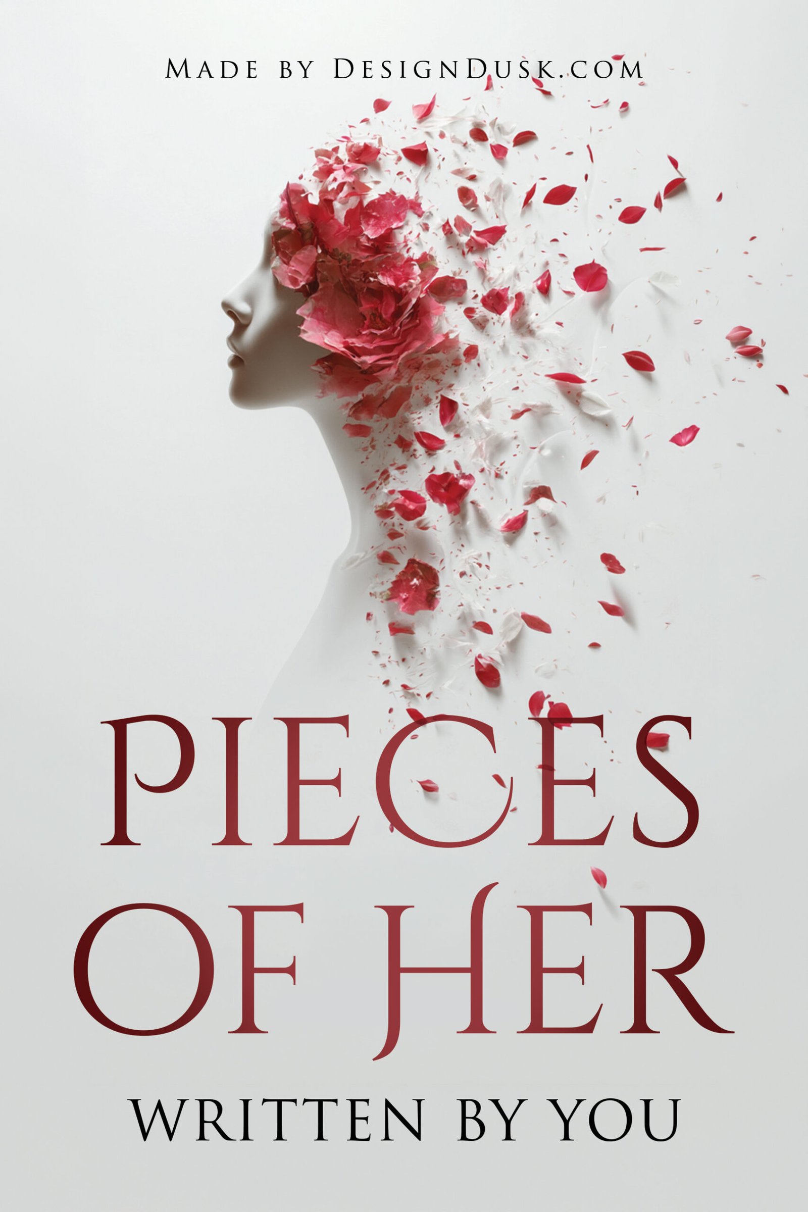 A woman's white profile breaks apart into drifting crimson flower petals against a pale background.