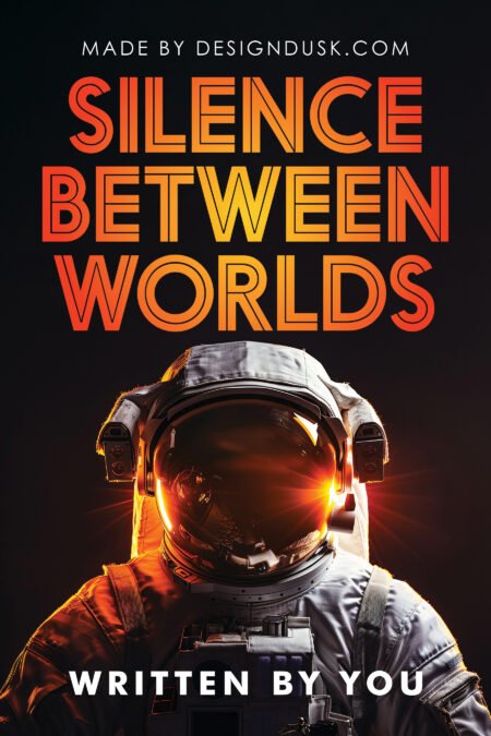 An astronaut in a white spacesuit stands against black space as orange light reflects across the helmet visor.