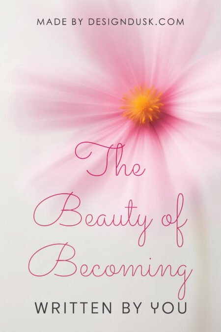 A softly focused pink flower glows against a pale pastel background with delicate script typography.