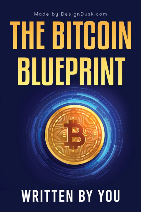 A glowing gold Bitcoin coin sits inside concentric blue digital rings beneath bold yellow typography.