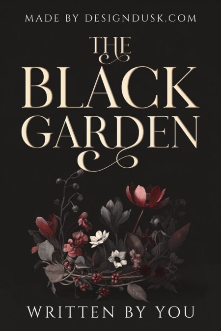 A dark bouquet of black leaves, red berries, and muted flowers emerges from a shadowy black background.