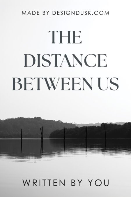 A quiet black-and-white lake reflects distant hills beneath minimalist serif typography and an open white sky.