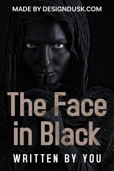 A hooded face painted entirely black stares forward with pale blue eyes emerging from deep shadow.