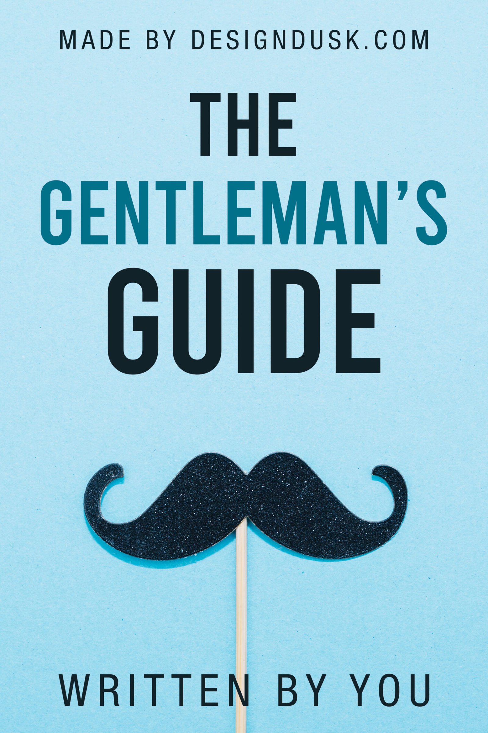 A curled black moustache on a stick stands against a pale blue background beneath bold black typography.