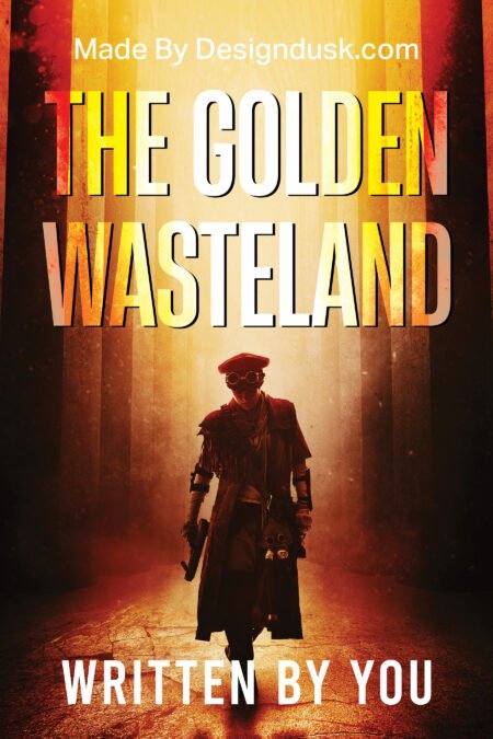 A lone armed figure in a long coat and red cap walks through a fiery golden post-apocalyptic city.