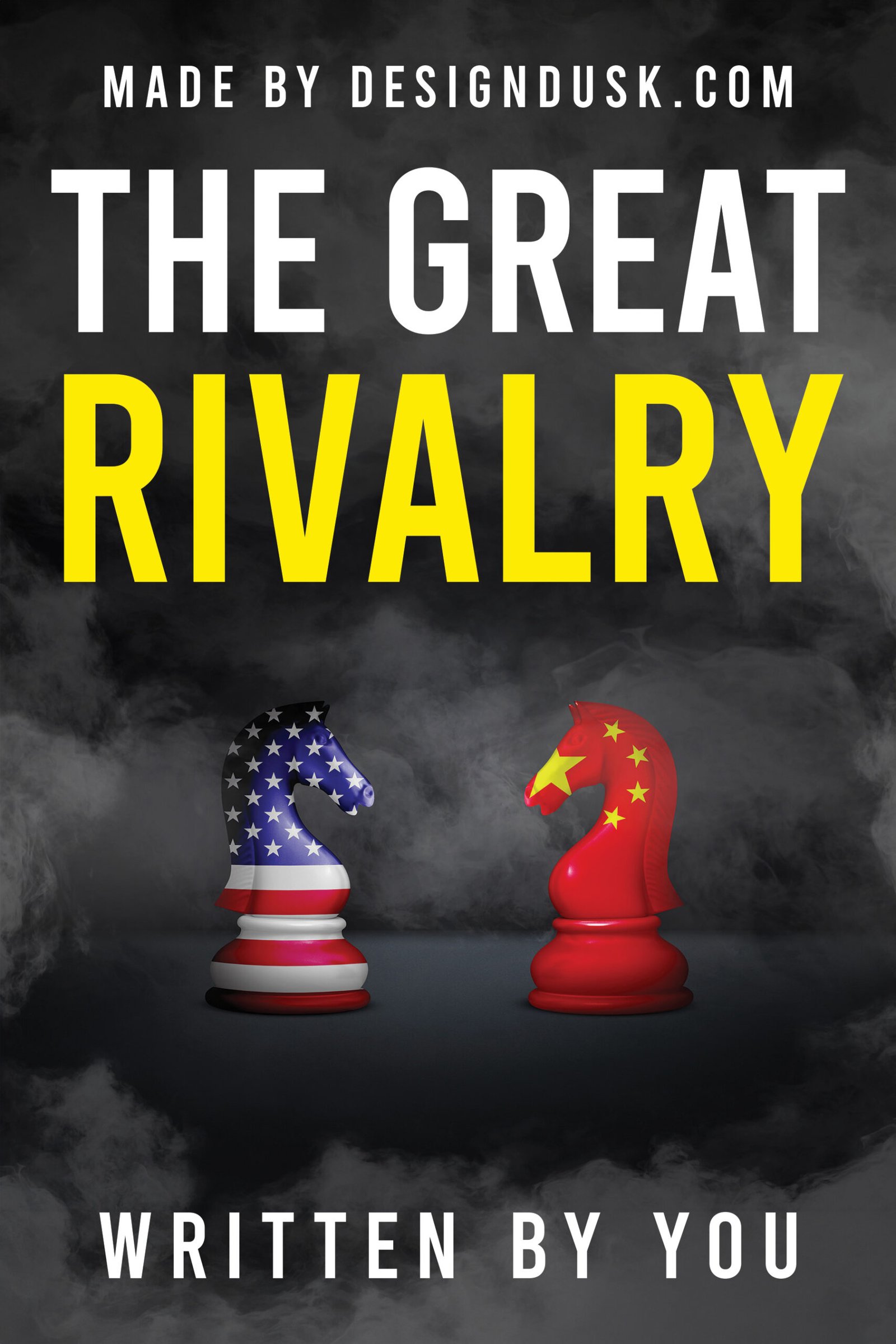 Two chess knights patterned with the United States and Chinese flags face each other beneath storm clouds.