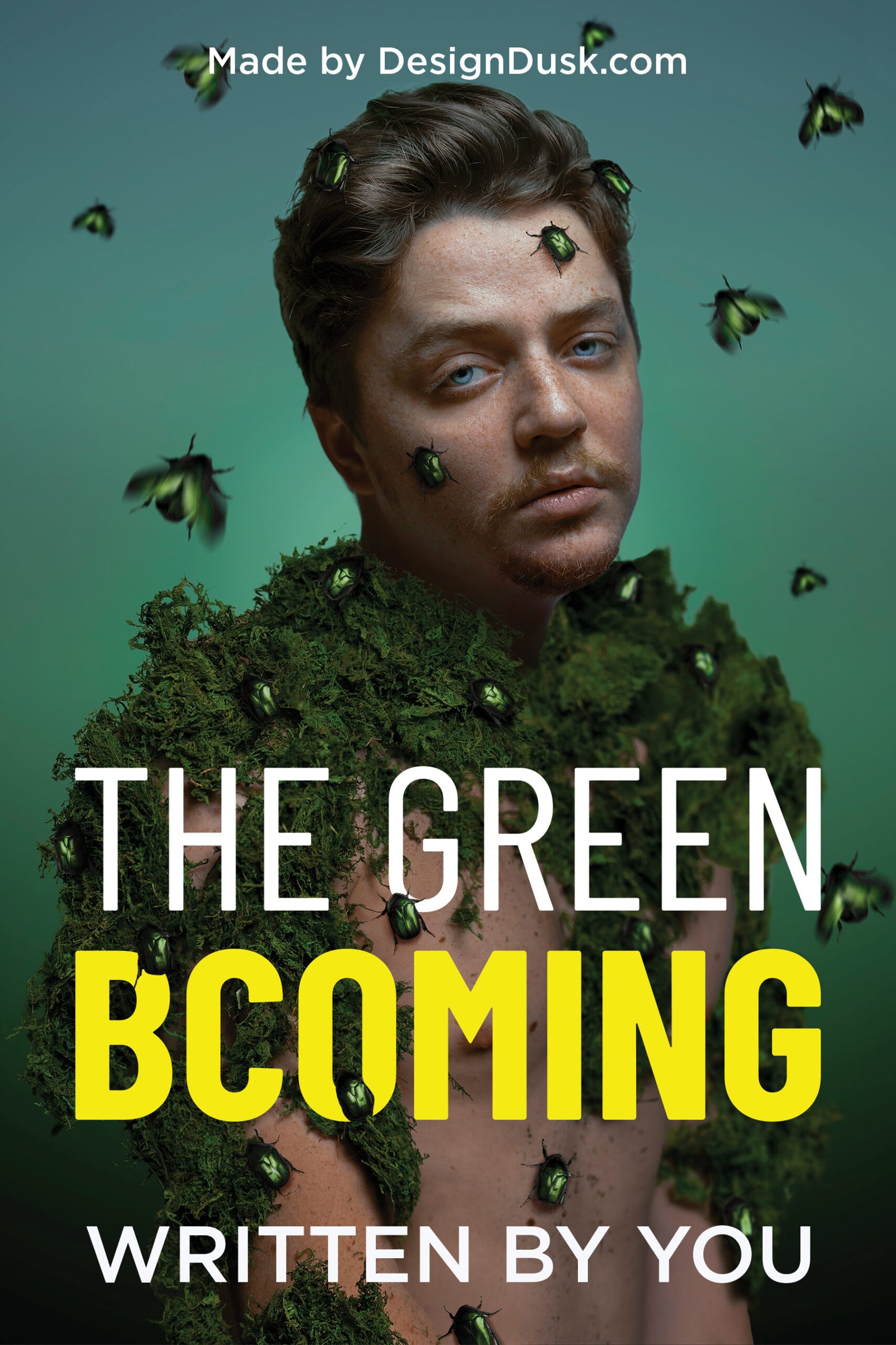 A young man covered in moss and small insects looks forward against a muted green background.