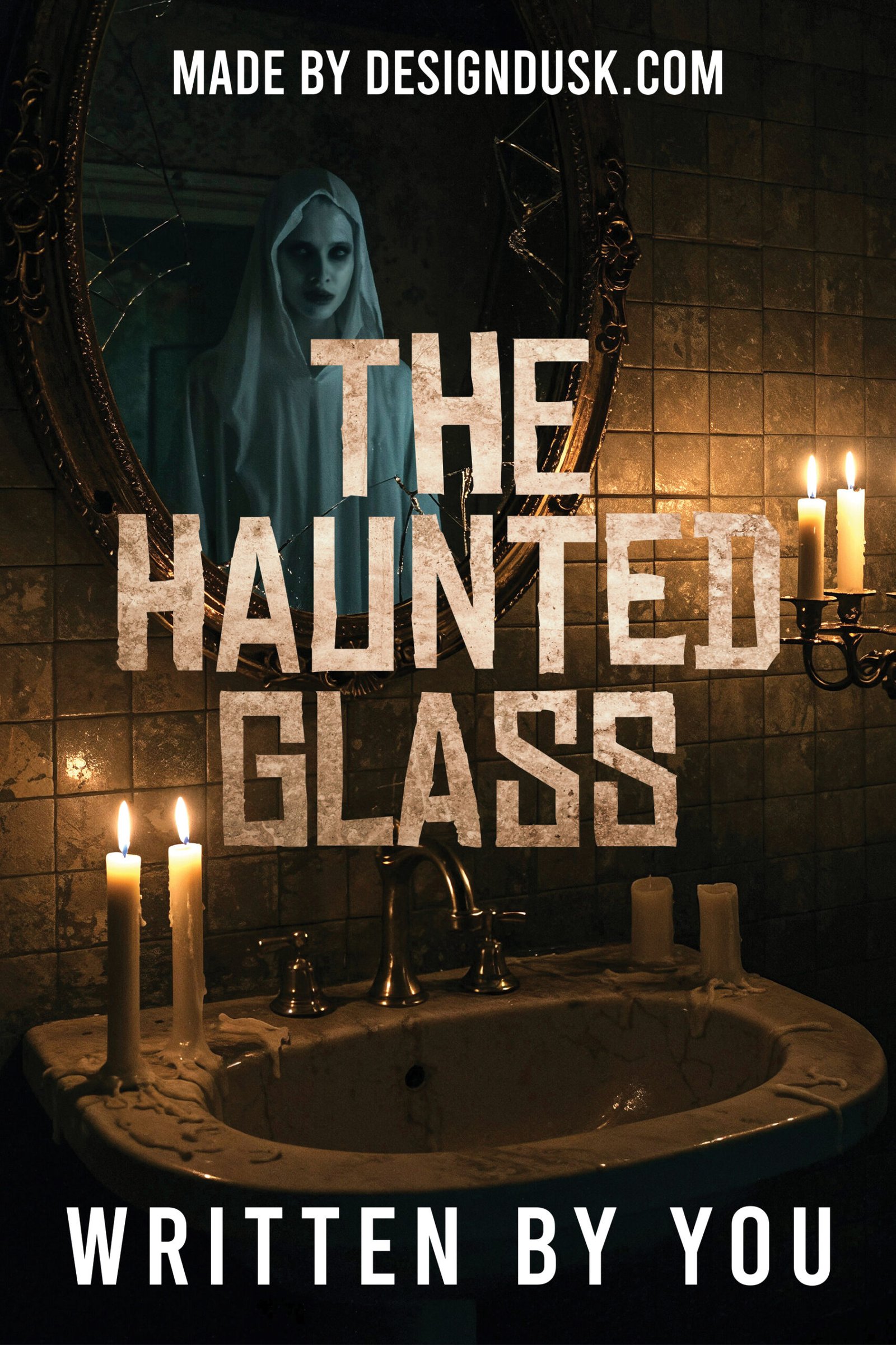 A ghostly hooded figure appears inside an ornate mirror above a candlelit antique washbasin.