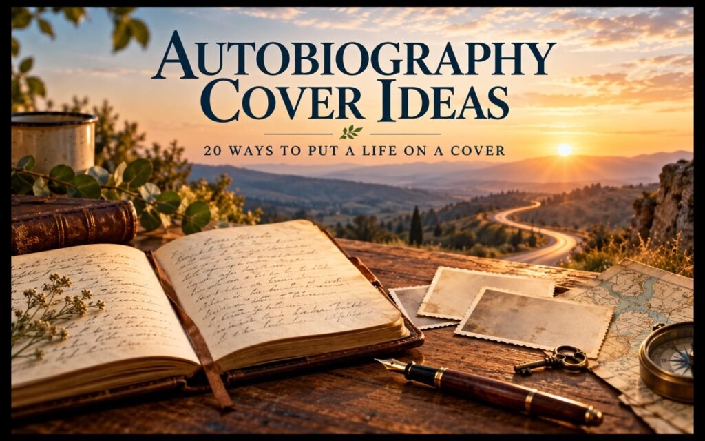 Open journal, old photographs and a winding road at sunrise with the words Autobiography Cover Ideas — 20 Ways to Put a Life on a Cover