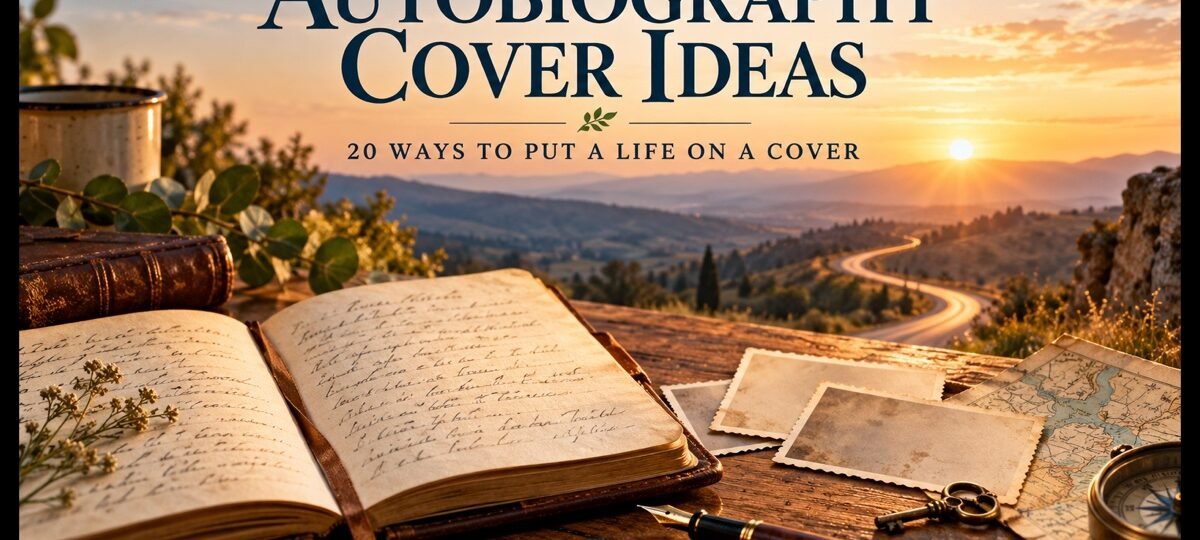 Open journal, old photographs and a winding road at sunrise with the words Autobiography Cover Ideas — 20 Ways to Put a Life on a Cover