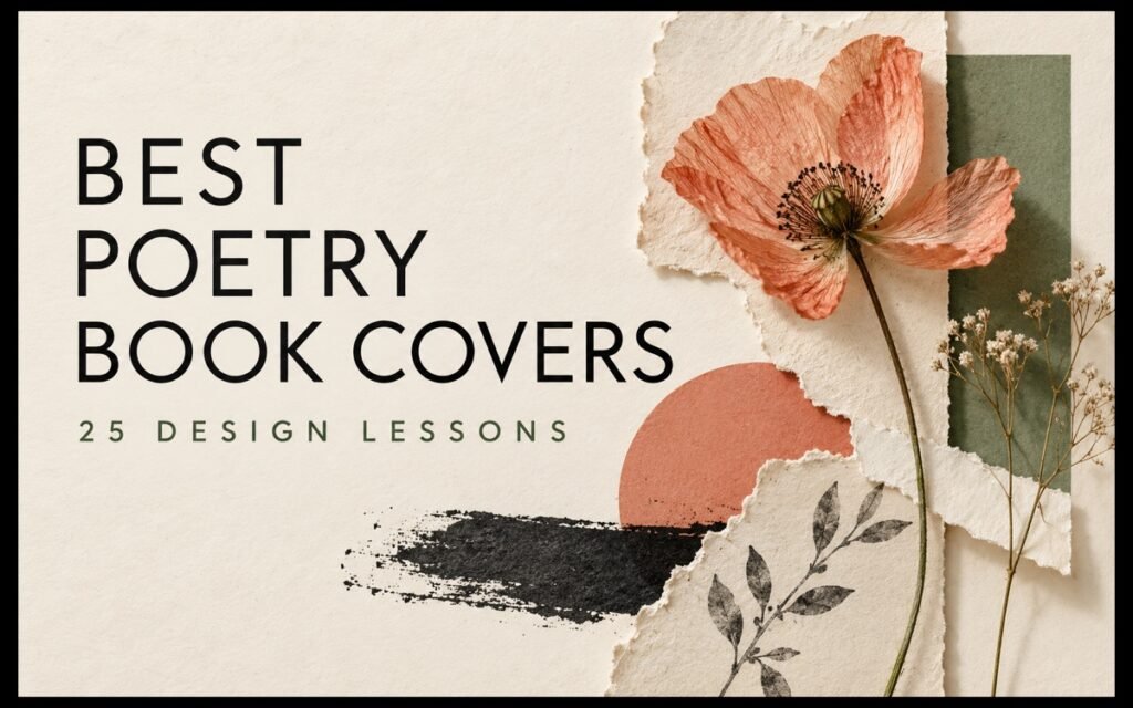 Editorial collage of a coral flower, torn cream paper and ink beside the words Best Poetry Book Covers — 25 Design Lessons