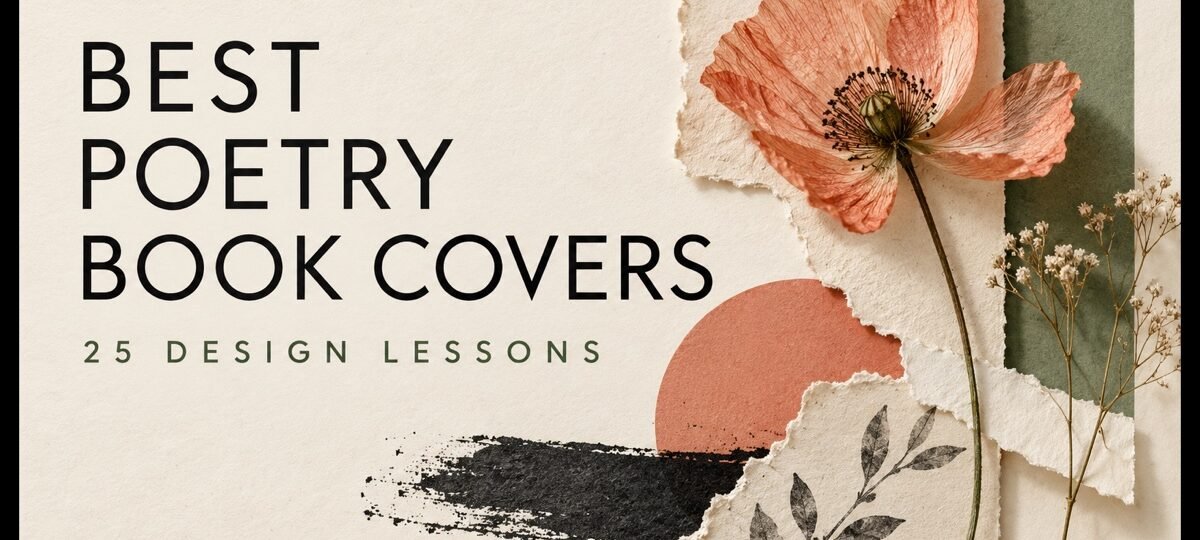 Editorial collage of a coral flower, torn cream paper and ink beside the words Best Poetry Book Covers — 25 Design Lessons