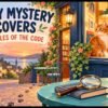 Illustrated village bookshop with a ginger cat, magnifying glass, spilled teacup and the words Cozy Mystery Covers — 5 Rules of the Code