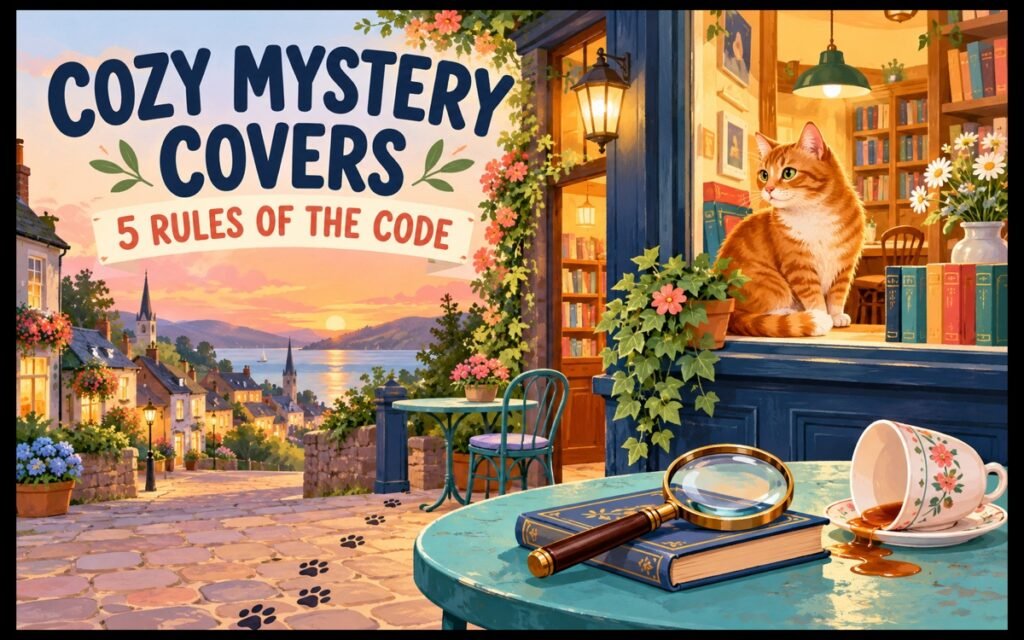 Illustrated village bookshop with a ginger cat, magnifying glass, spilled teacup and the words Cozy Mystery Covers — 5 Rules of the Code