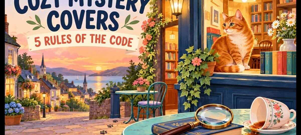 Illustrated village bookshop with a ginger cat, magnifying glass, spilled teacup and the words Cozy Mystery Covers — 5 Rules of the Code