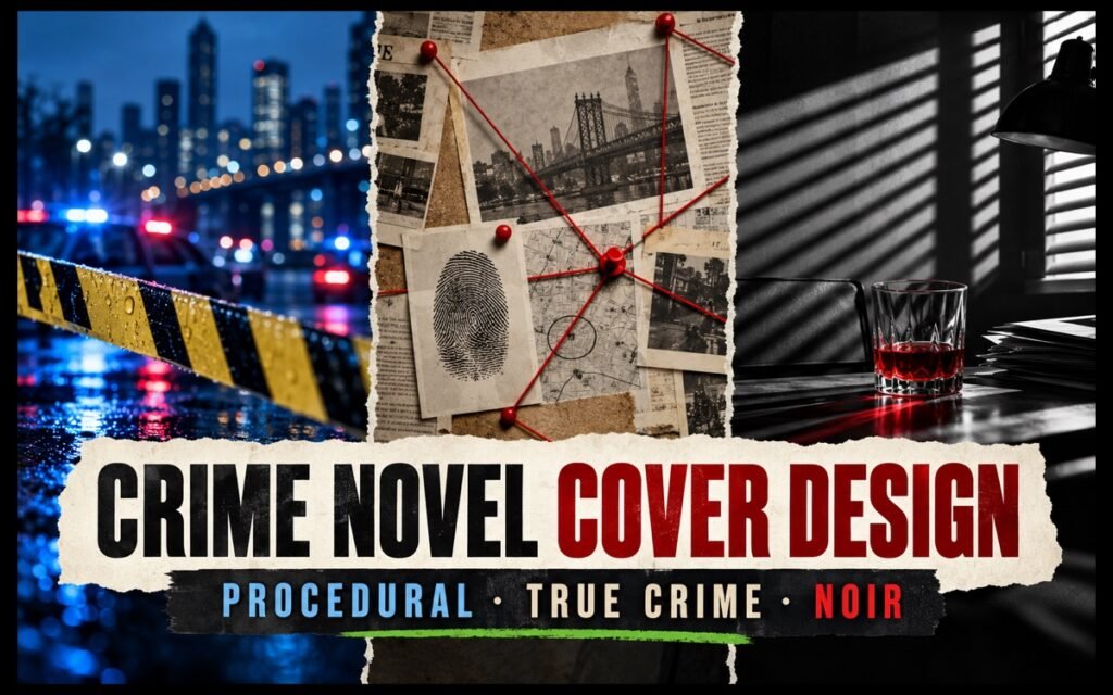 Police lights, an evidence board and noir shadows illustrating procedural, true crime and noir cover design
