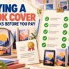 Ten-point book cover buying checklist with licence, format and visual inspection symbols