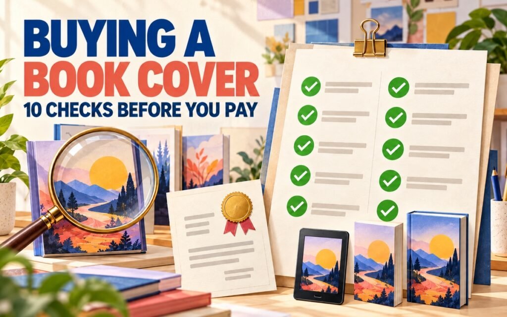 Ten-point book cover buying checklist with licence, format and visual inspection symbols