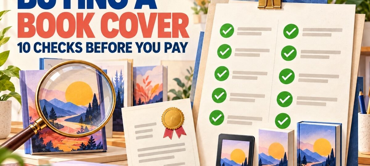 Ten-point book cover buying checklist with licence, format and visual inspection symbols