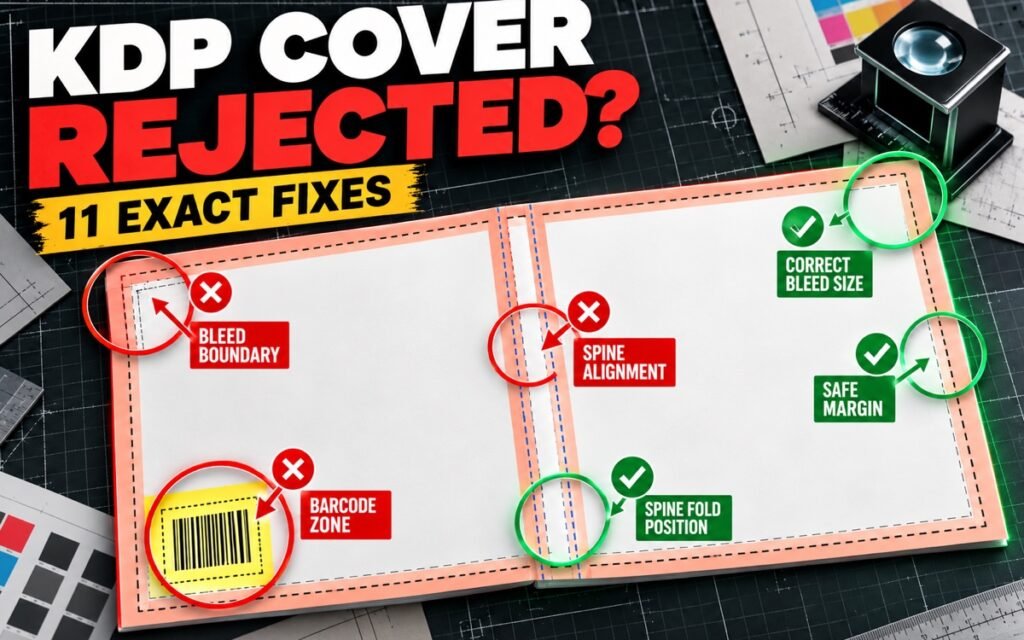 Paperback cover template marked with KDP bleed, spine, barcode and safe-margin rejection fixes