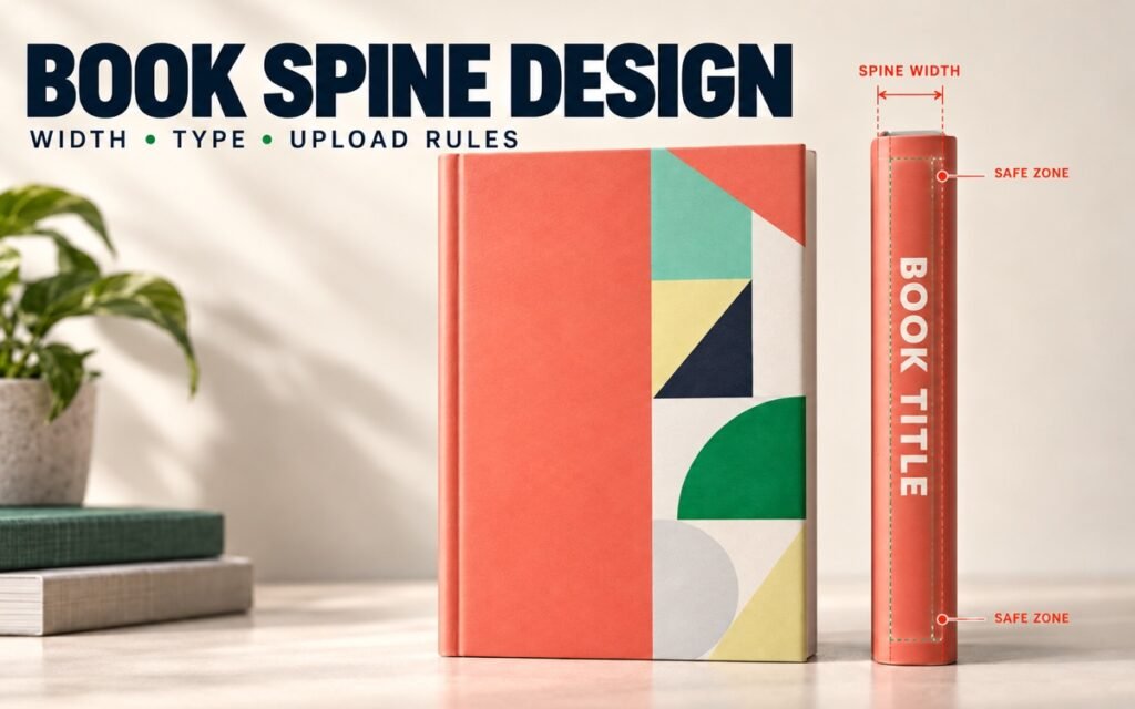 Upright book and separate edge-on spine showing spine width, title safe zones and vertical typography