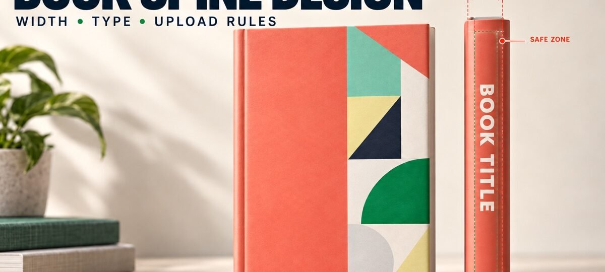 Upright book and separate edge-on spine showing spine width, title safe zones and vertical typography