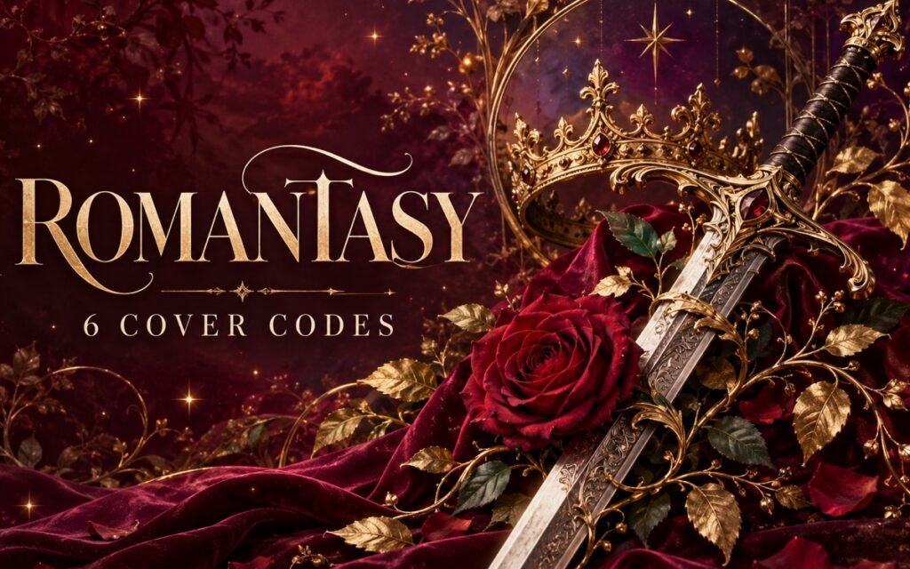 A rose, ornate sword and crown illustrating six romantasy book cover design codes