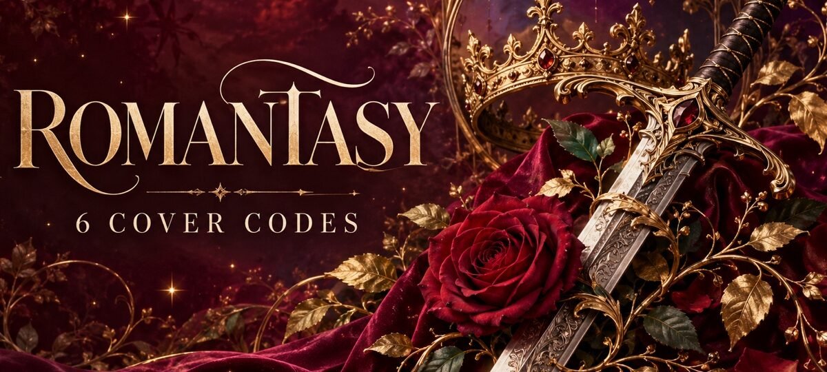A rose, ornate sword and crown illustrating six romantasy book cover design codes