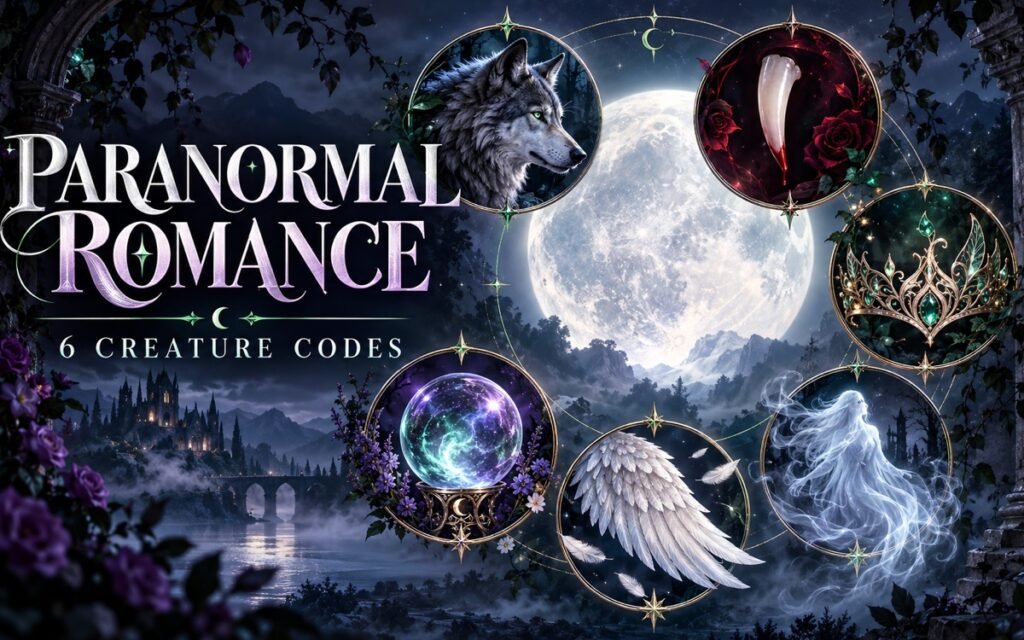 Paranormal romance creature codes shown as a wolf, fang, fae crown, ghost, angel wing and glowing orb under moonlight