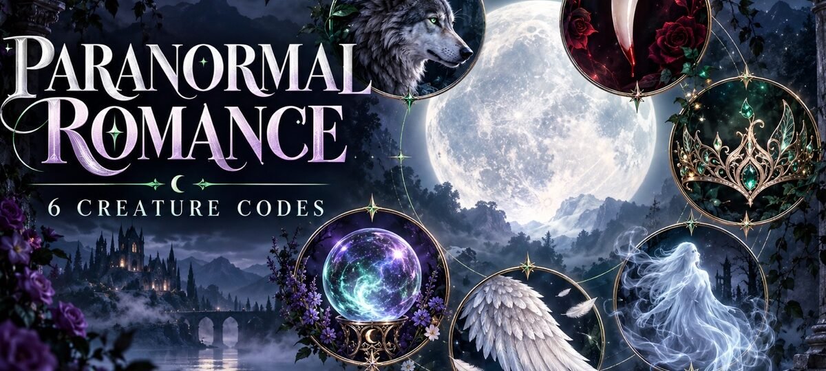 Paranormal romance creature codes shown as a wolf, fang, fae crown, ghost, angel wing and glowing orb under moonlight