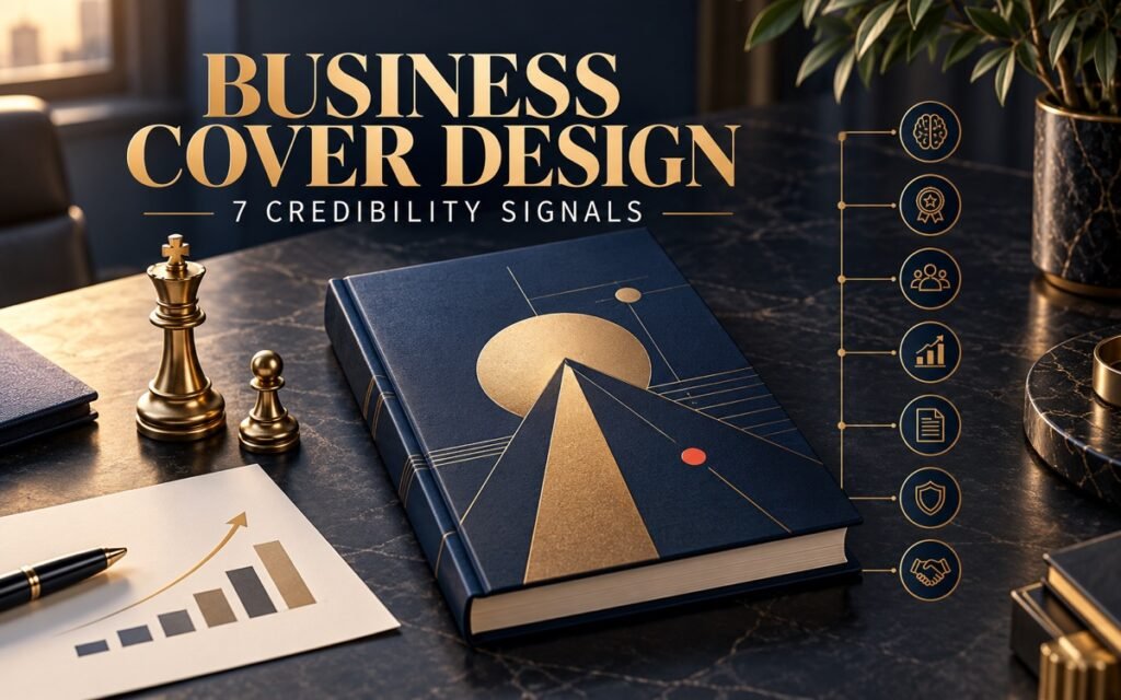 Business strategy objects on a conference table illustrating seven credibility signals for book-cover design