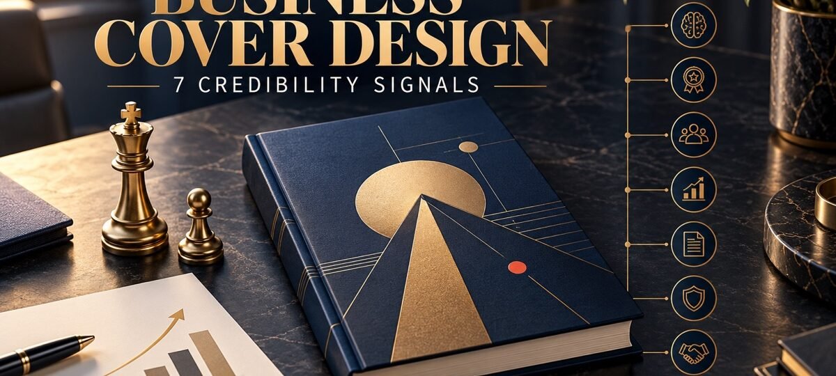 Business strategy objects on a conference table illustrating seven credibility signals for book-cover design