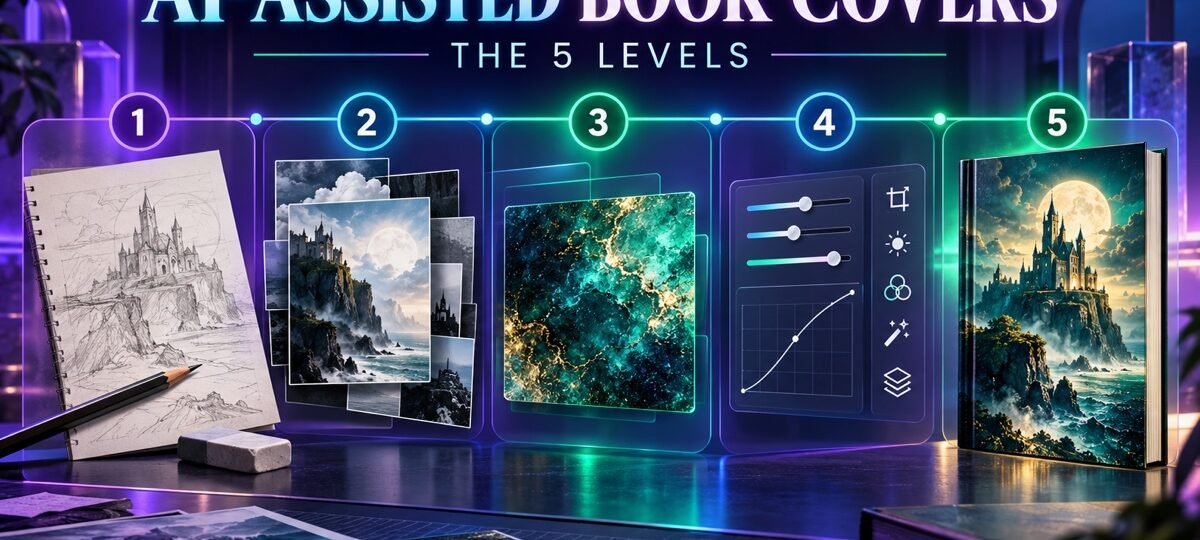 Five-level workflow showing increasing human control in AI-assisted book-cover design