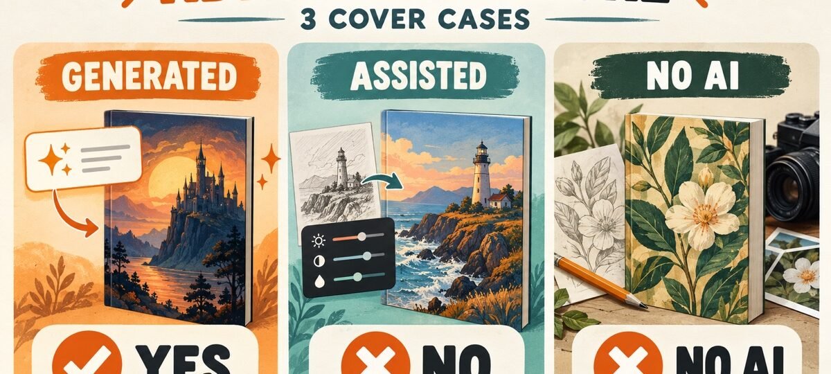 Three-case KDP AI disclosure decision guide for AI-generated, AI-assisted and human-made book covers
