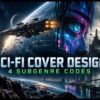 Astronaut, starship, cybernetic eye and surveillance city illustrating four sci-fi book-cover subgenres