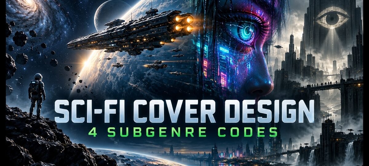 Astronaut, starship, cybernetic eye and surveillance city illustrating four sci-fi book-cover subgenres
