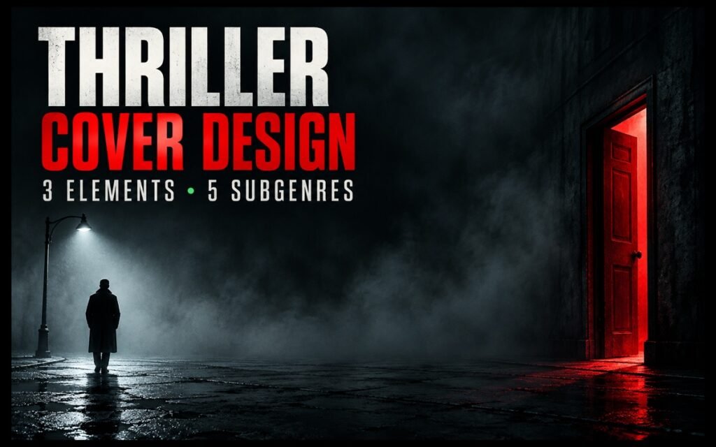 Lone figure under a streetlight facing a red open door beside the words Thriller Cover Design — 3 Elements, 5 Subgenres