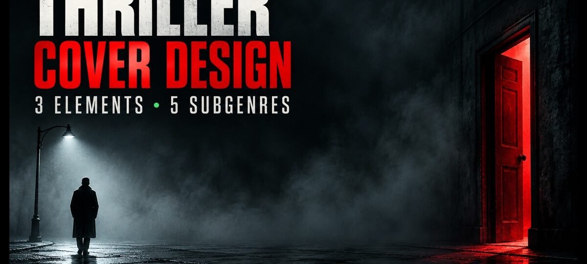 Lone figure under a streetlight facing a red open door beside the words Thriller Cover Design — 3 Elements, 5 Subgenres