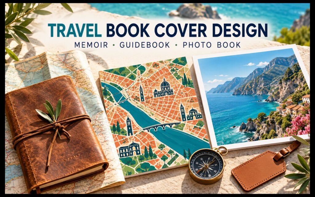 Travel journal, illustrated city map and coastal photograph representing memoir, guidebook and photo-book cover design