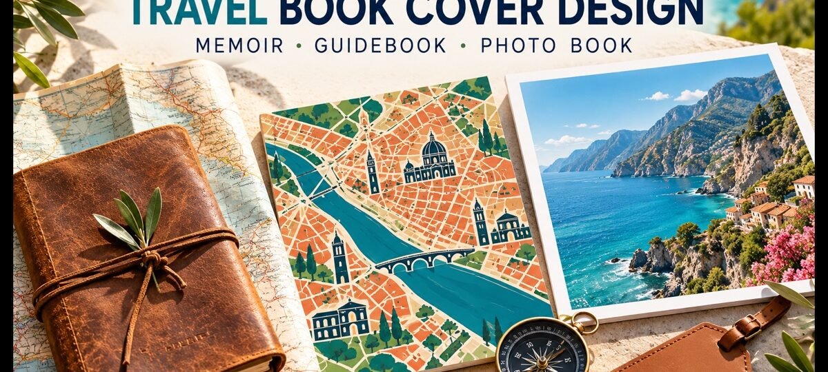 Travel journal, illustrated city map and coastal photograph representing memoir, guidebook and photo-book cover design