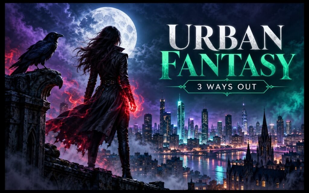 Urban fantasy heroine overlooking a moonlit city with a raven, red magic and the words Urban Fantasy — 3 Ways Out