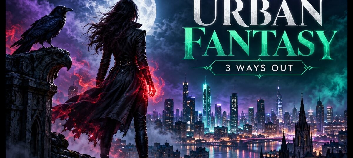 Urban fantasy heroine overlooking a moonlit city with a raven, red magic and the words Urban Fantasy — 3 Ways Out